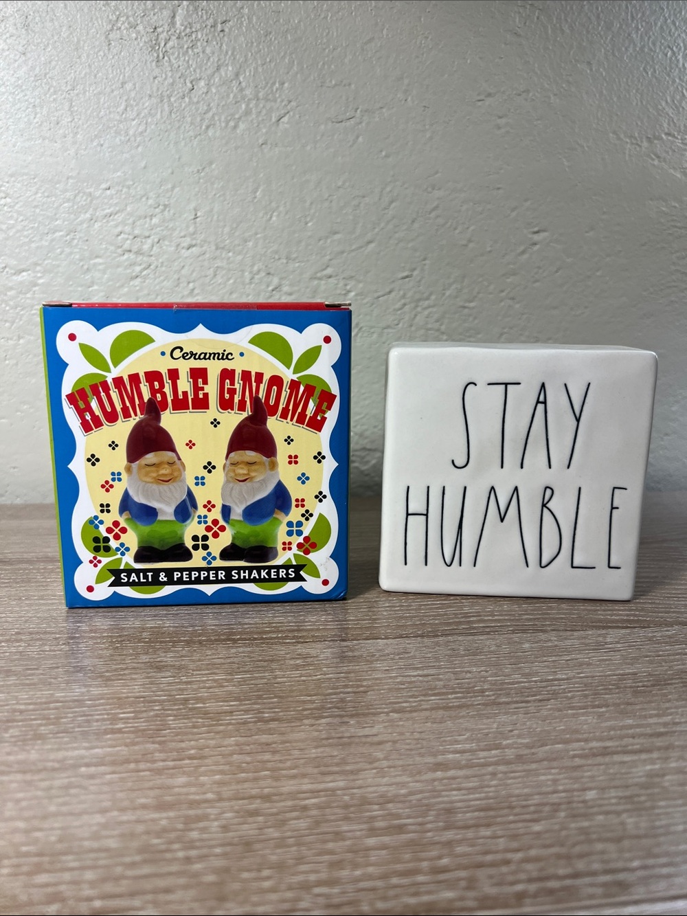 Salt & Pepper Shakers Humble Gnome -Ceramic- Rae Dunn Stay Humble/Be Kind Block